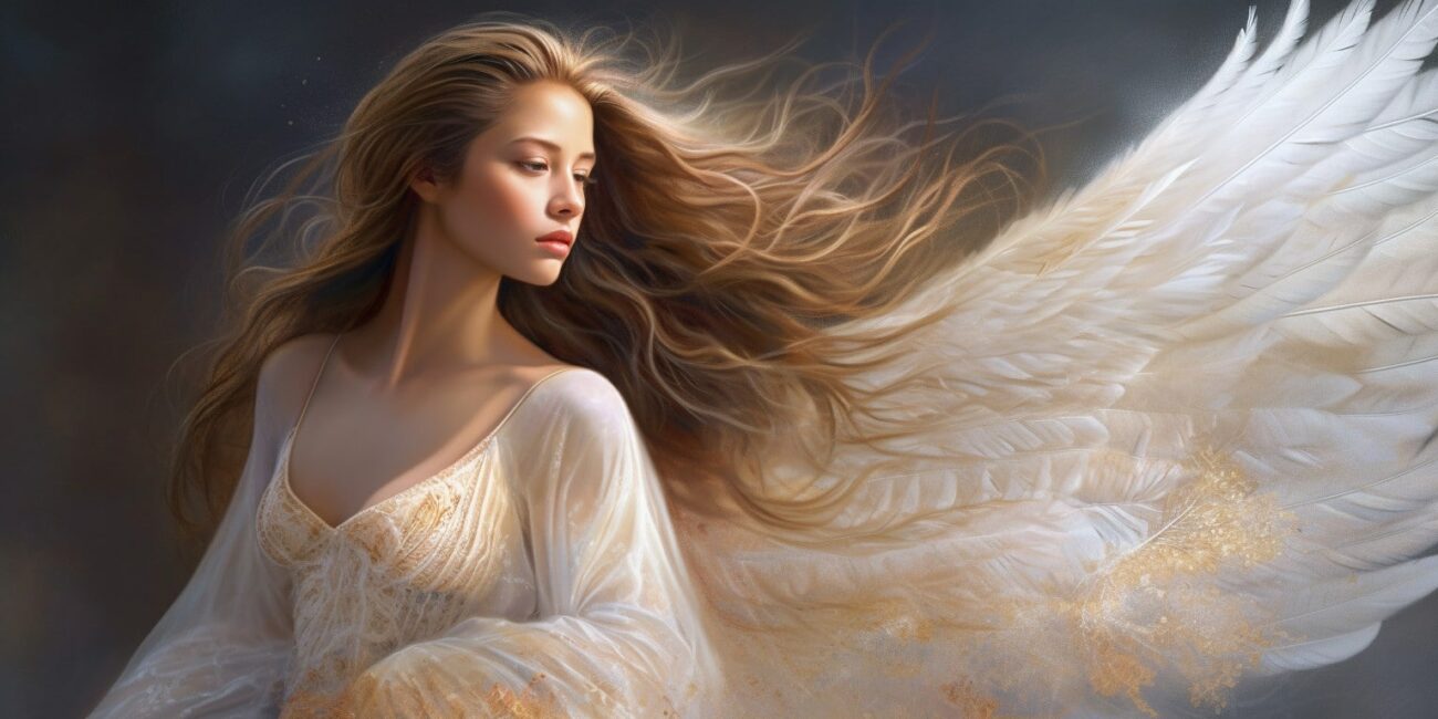 Angel Number 888888 - Angel with long brown hair and a white dress. Her wings are golden yellow and white.