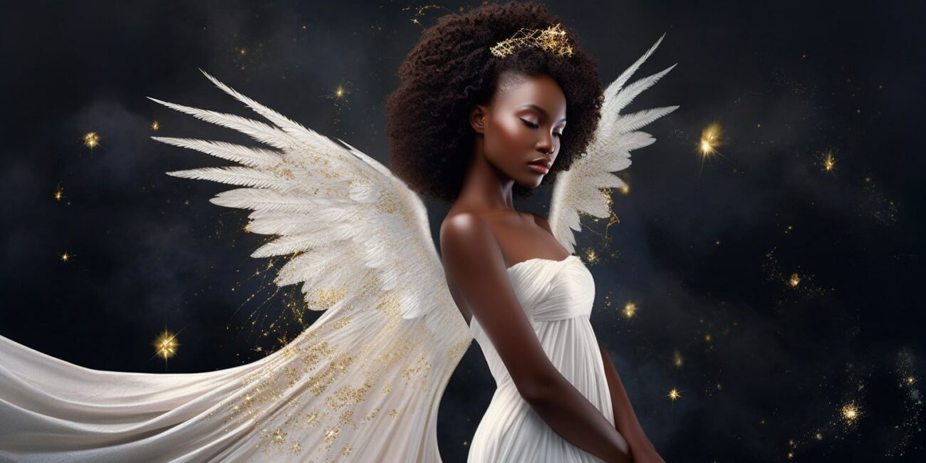 Angel Number 6116 - Angel with black hair and a white dress. Her wings are a soft white with specks of gold.