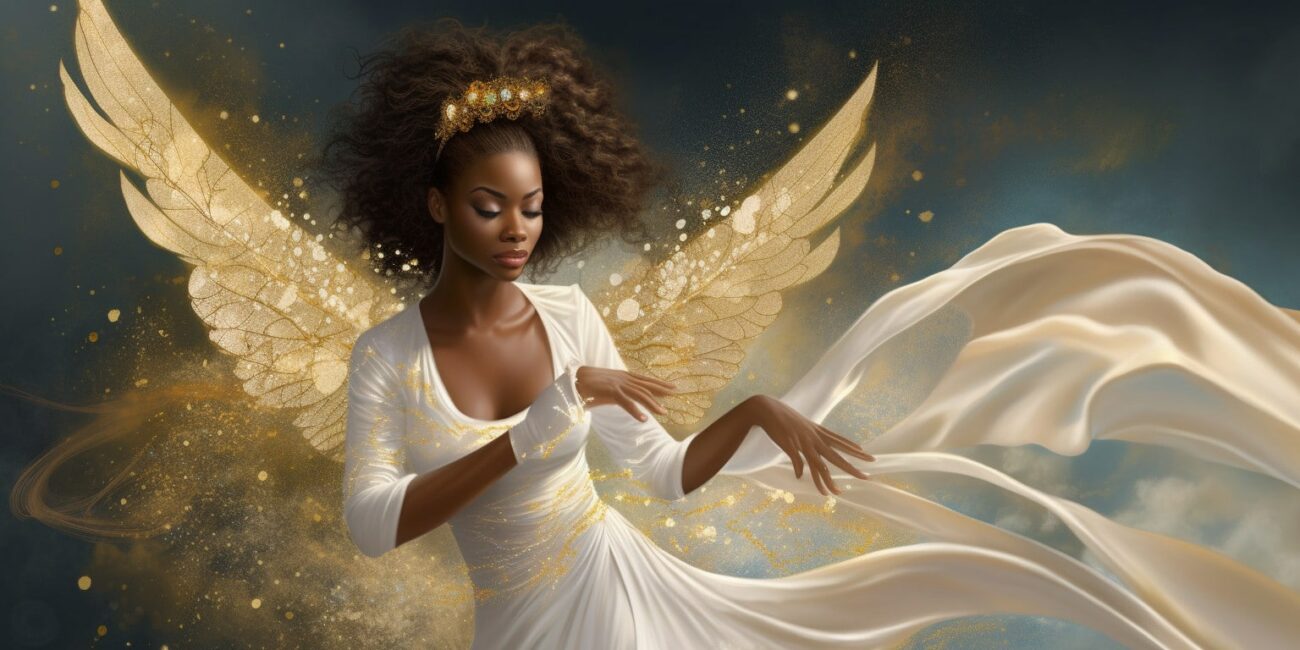 Angel Number 1666 - Angel with black hair and a white dress. Her wings are golden.