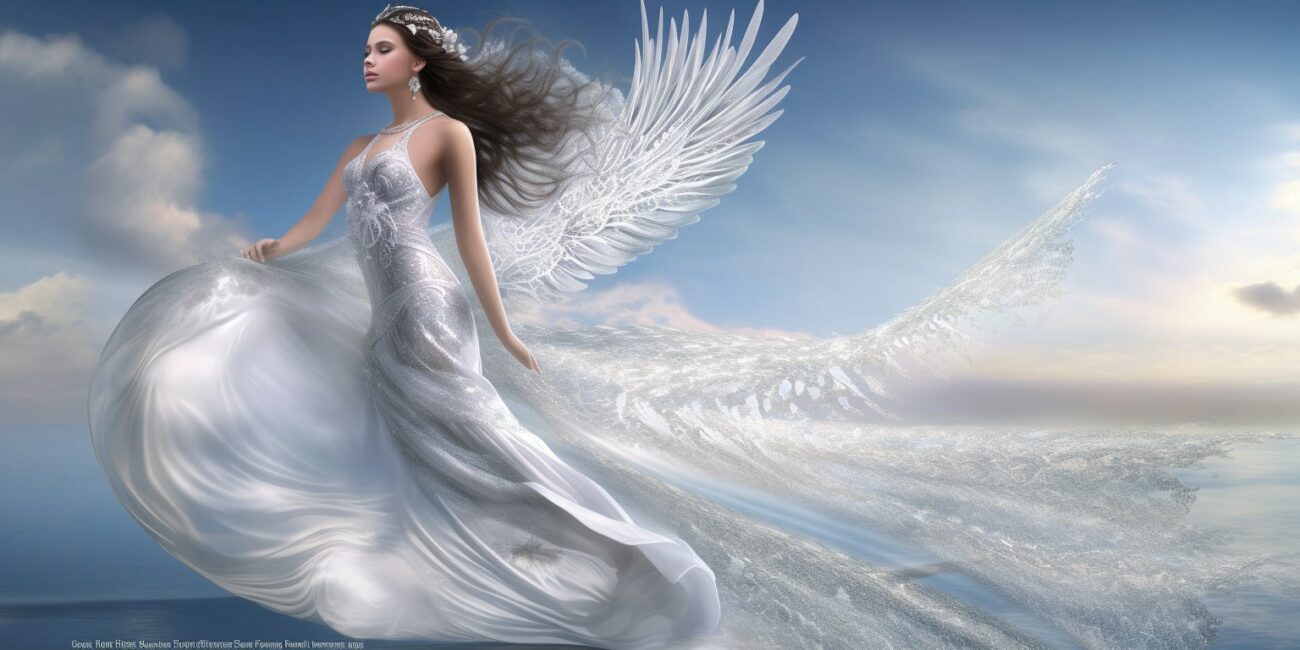 Angel Number 7771 - Angel with long black hair and a white dress. Her wings are white. She is above the clouds.