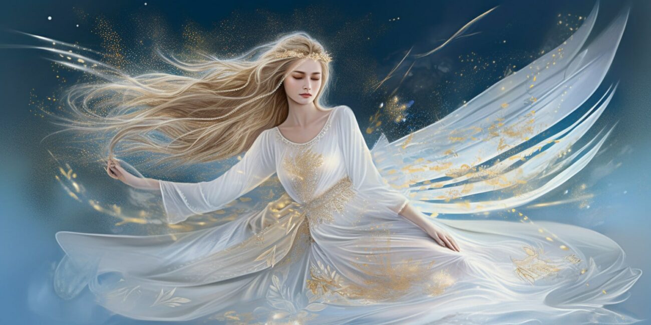 Angel Number 1511 - Angel with long blonde hair and a white dress. Her wings are white and yellow.