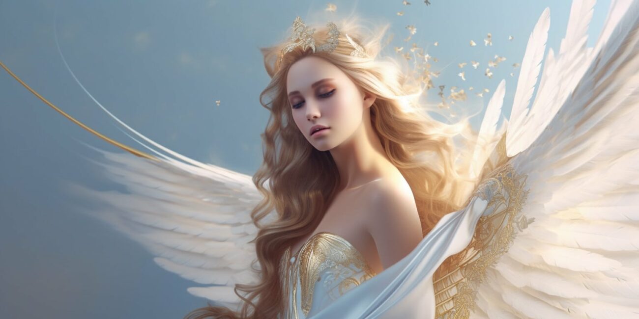 Angel Number 1155 - Angel with long blonde hair and a white dress. Her wings are white and yellow.