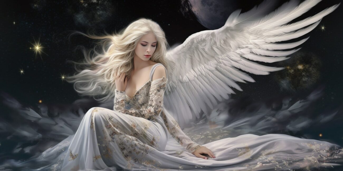 Angel Number 1661 - Angel with long white blonde hair and a white dress. Her wings are white with golden specs of light.