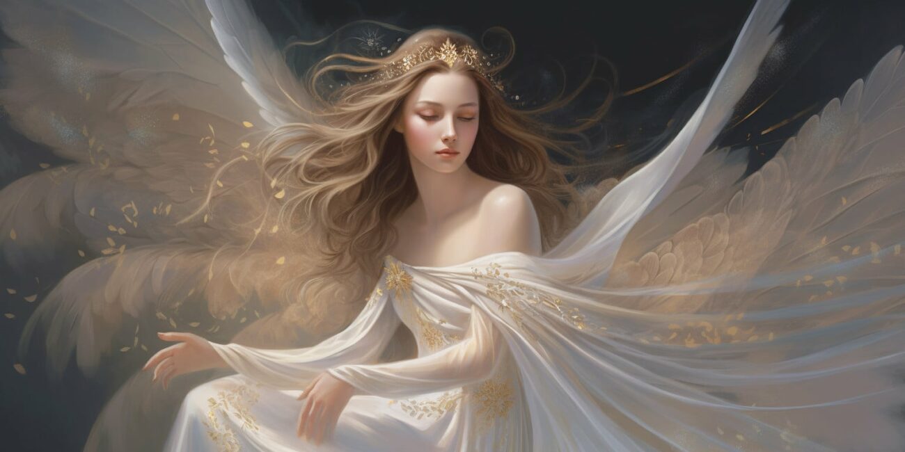 Angel Number 1616 - Angel with long hair and a white dress. Her wings are white with golden specs.