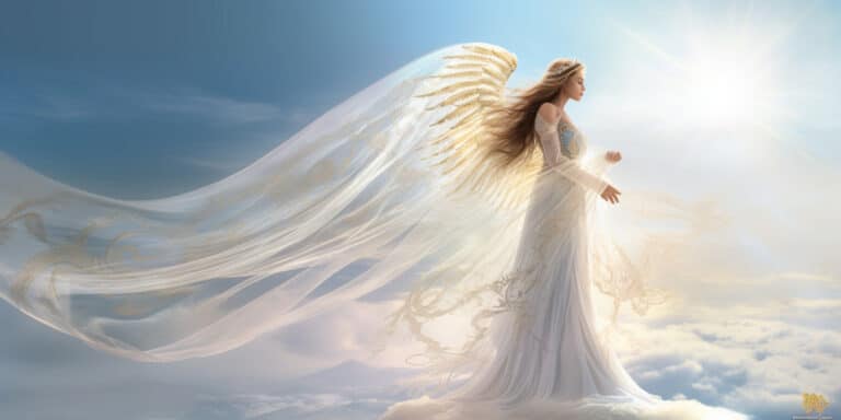 Angel Number 1151 - Angel with long hair and a white dress. Her wings are white and yellow.