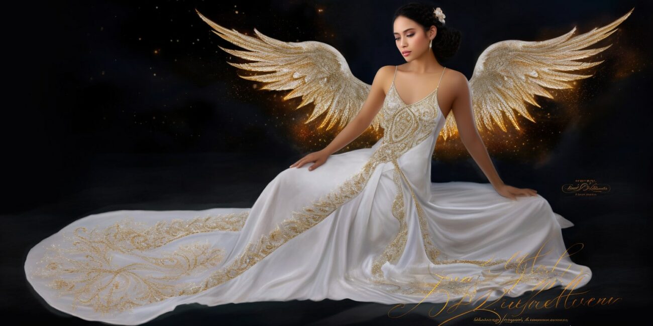 Angel Number 1611 - Angel with long hair and a white dress. Her wings are white with golden specs.