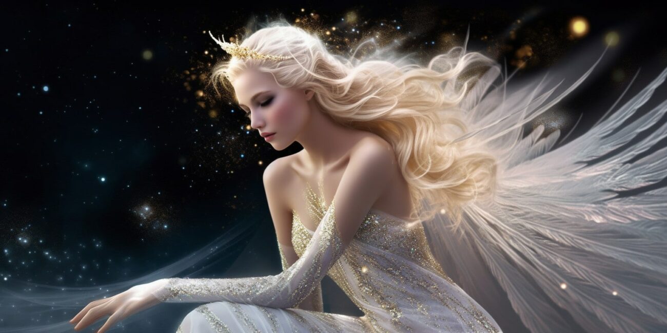 Angel Number 1166 - Angel with long blonde hair and a white dress. Her wings are white with golden specs.
