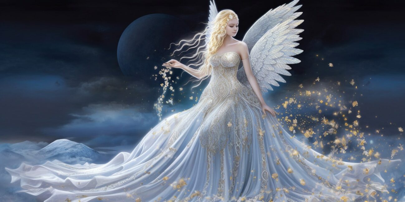 Angel Number 1161 - Angel with long blonde hair and a white dress. Her wings are white with golden specs around her.