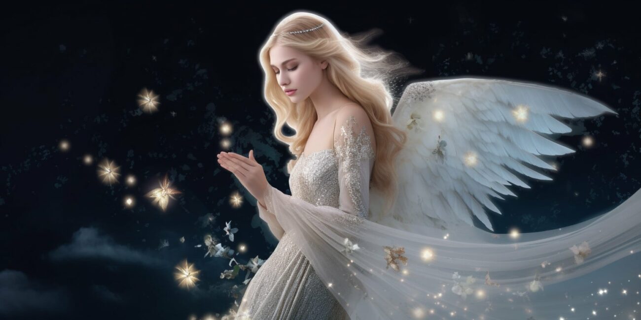 Angel Number 1116 - Angel with long blonde hair and a white dress. Her wings are white with golden specs around her.