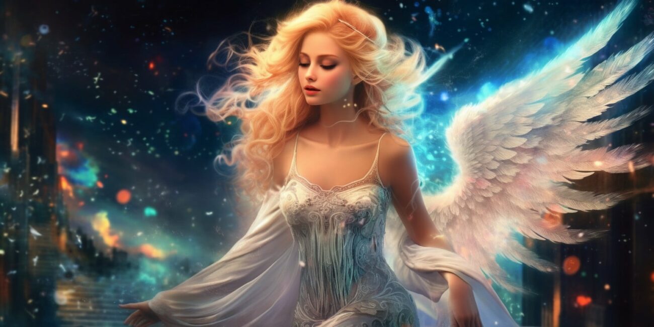 Angel Number 223 - Angel with long blonde hair and a silver white dress.