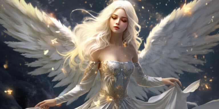 Angel Number 332 - Angel with long white blonde hair and a silver white dress.
