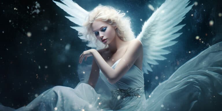 Angel Number 323 - Angel with long white blonde hair and a silver white slight blue dress.