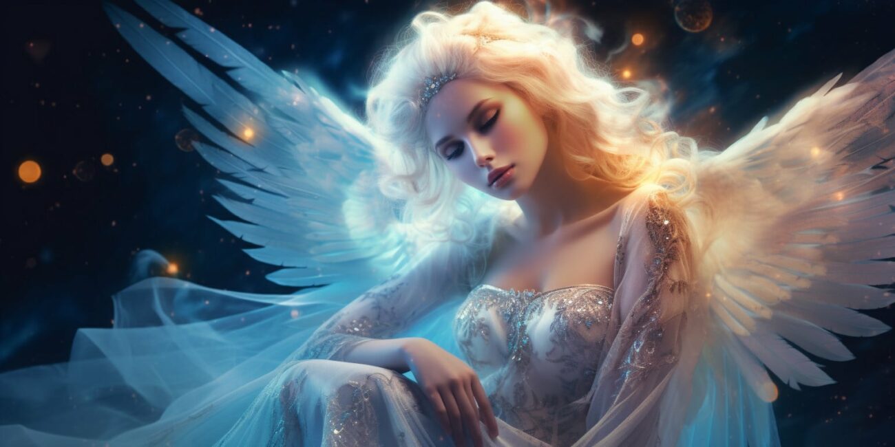 Angel Number 322 - Angel with long blonde hair and a silver white dress.
