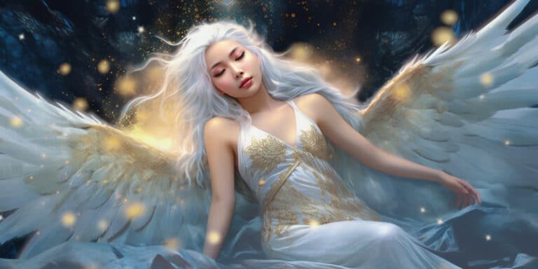 Angel Number 233 - Angel with long white silver hair and a white and gold dress.