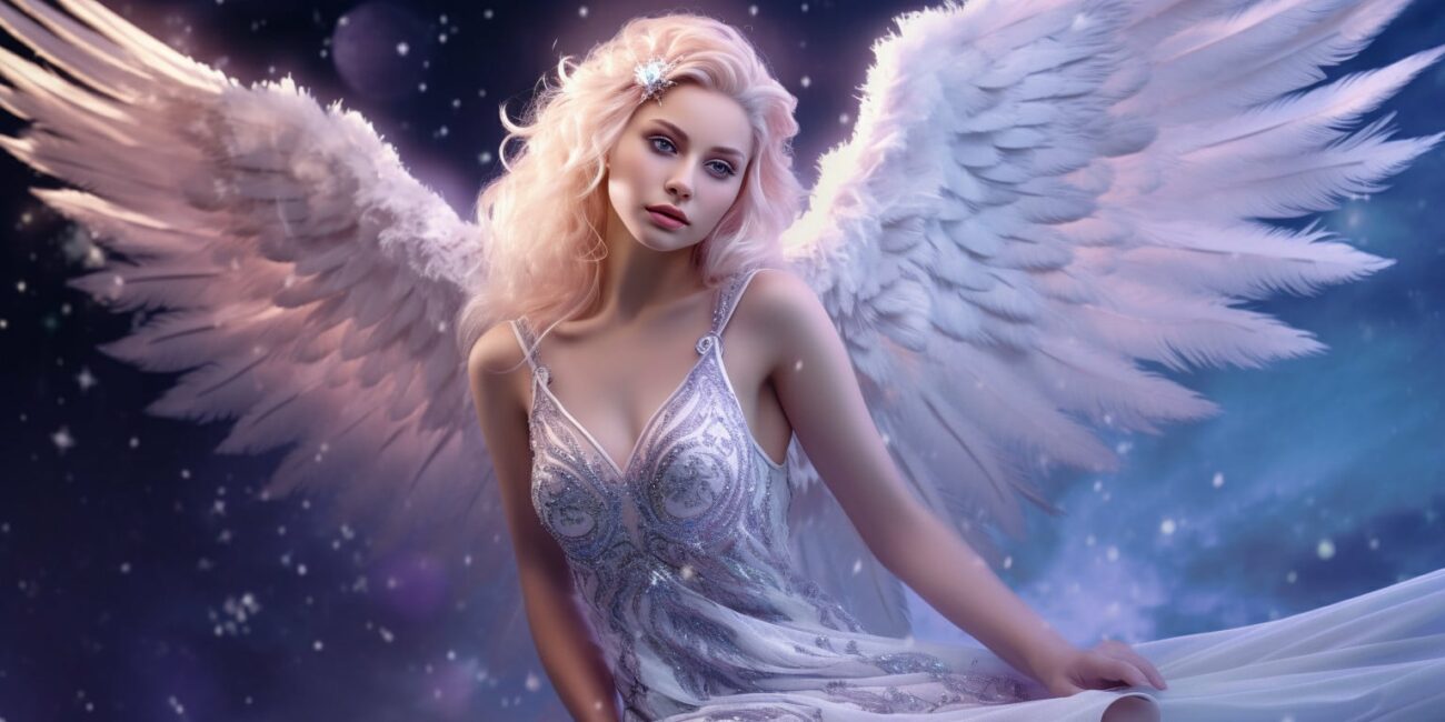 Angel Number 232 - Angel with long blonde silver hair and a white and silver dress.