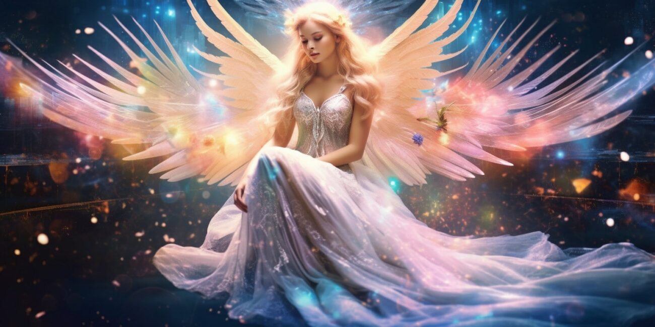 Angel Number 224 - Angel with long blonde silver hair and a white and silver dress. There are colours all around.