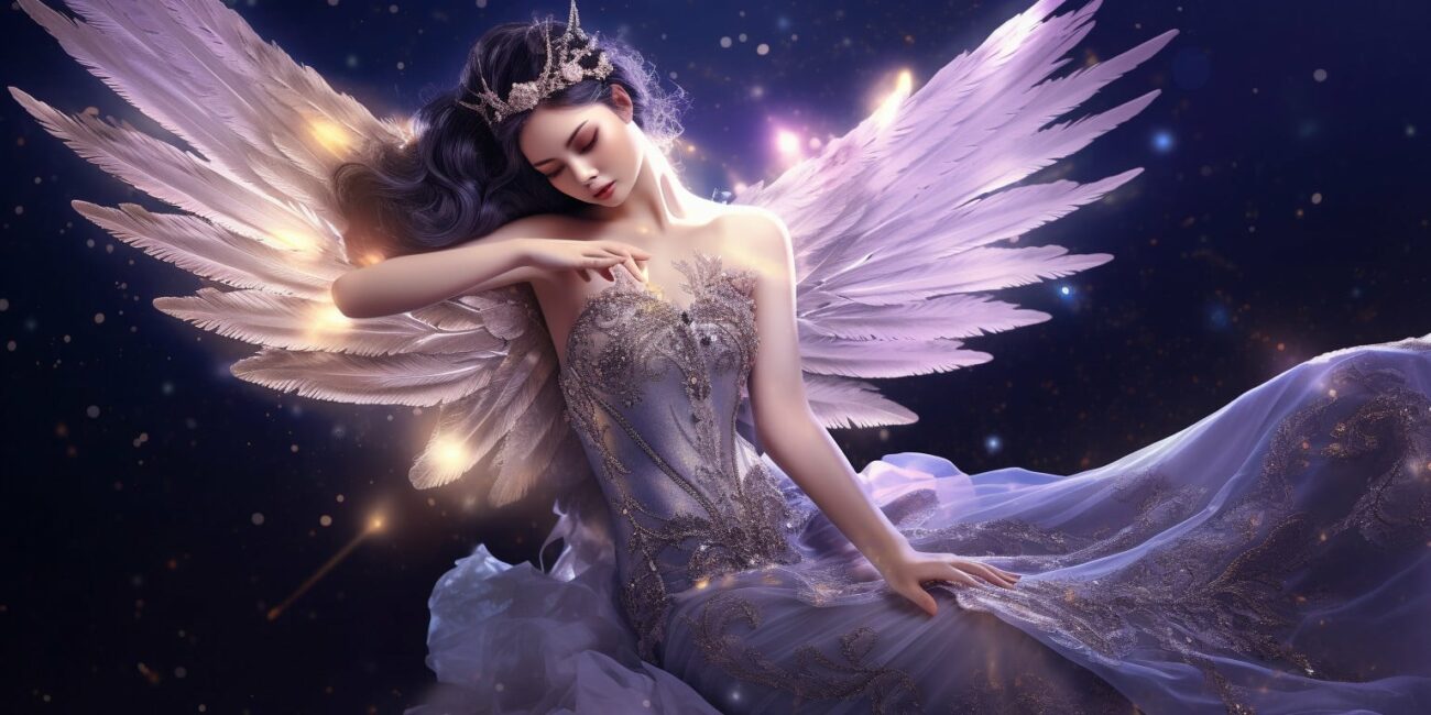 Angel Number 422 - Angel with long dark hair and a light purple dress.