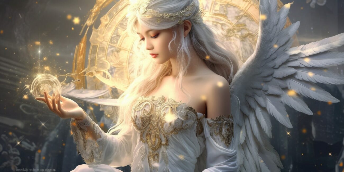 Angel Number 244 - Angel with long white hair and a white dress.