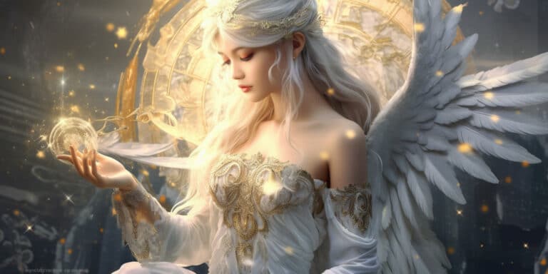 Angel Number 244 - Angel with long white hair and a white dress.