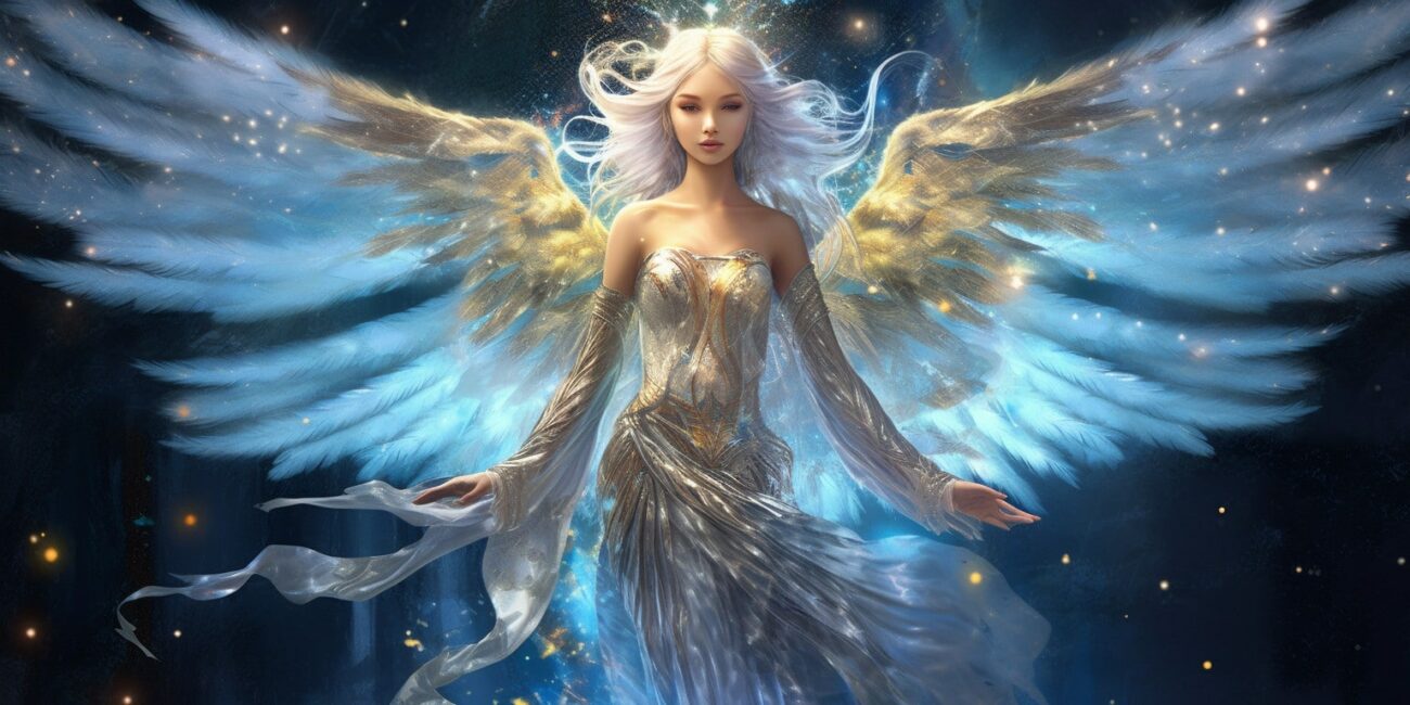 Angel Number 442 - Angel with long white hair. Her wings have light blue through them.