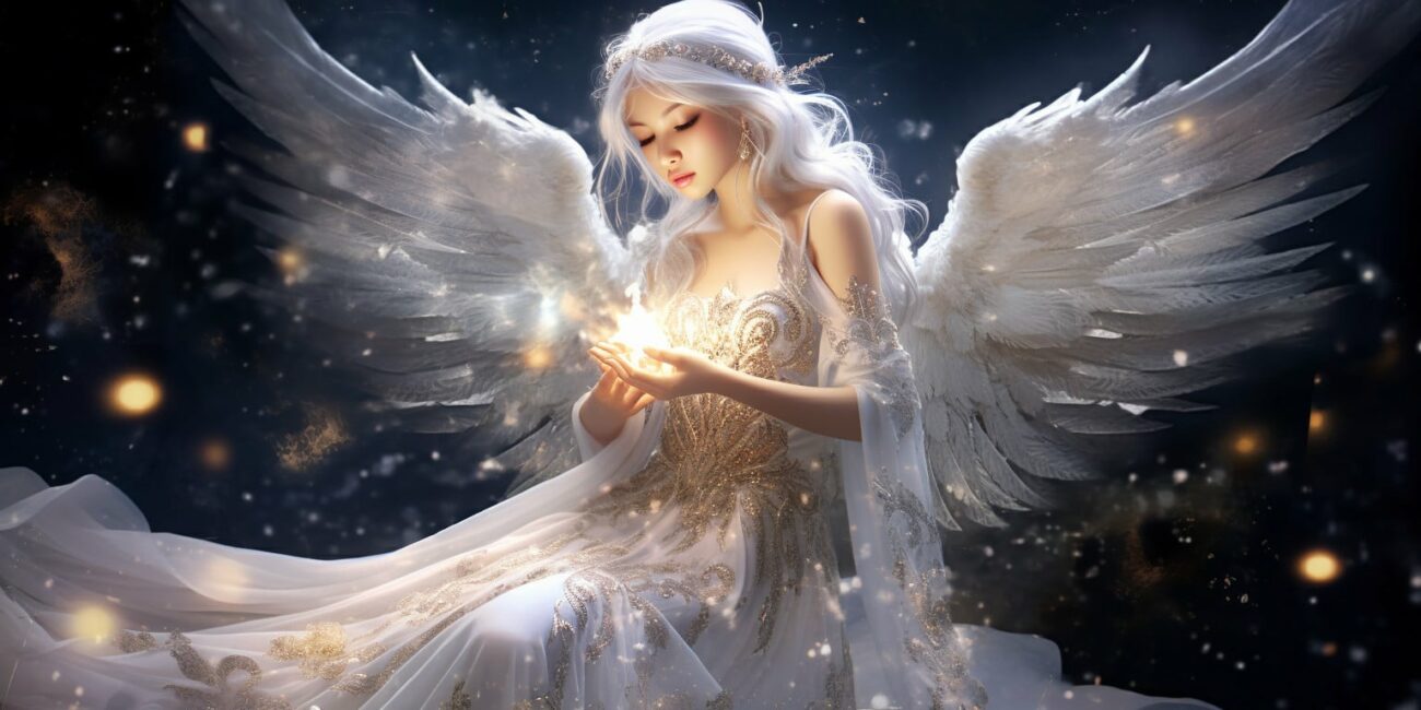 Angel Number 722 - Angel with long white hair. Her wings are pure white.