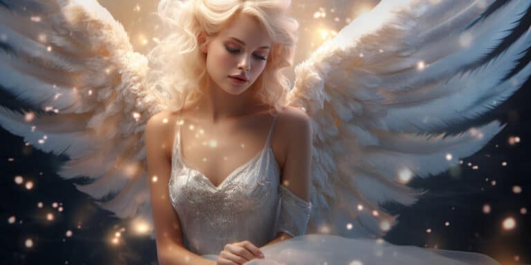 Angel Number 227 - Angel with long blonde hair. Her wings are light white.