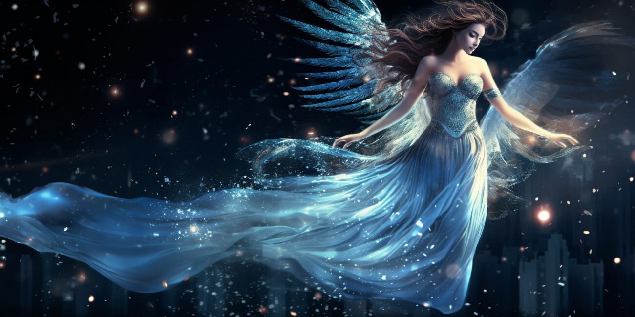 Angel Number 552 - Angel with long dark hair. Her wings are white and blue.