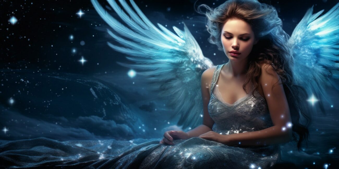 Angel Number 225 - Angel with long dark hair. Her wings are white and blue.
