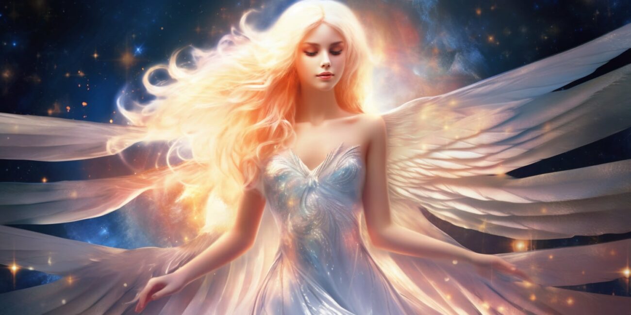 Angel Number 228 - Angel with long blonde hair. Her wings are light white.