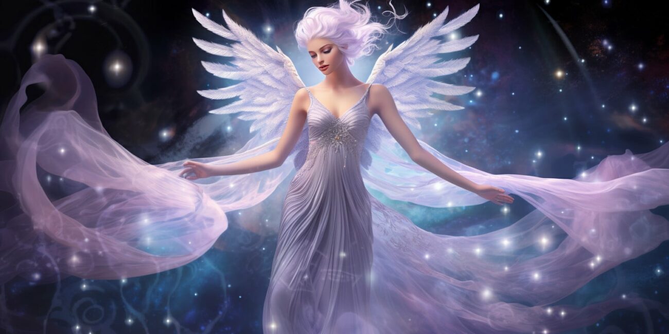 Angel Number 737 - Angel with long light lavender hair. Her wings are white and lavender.