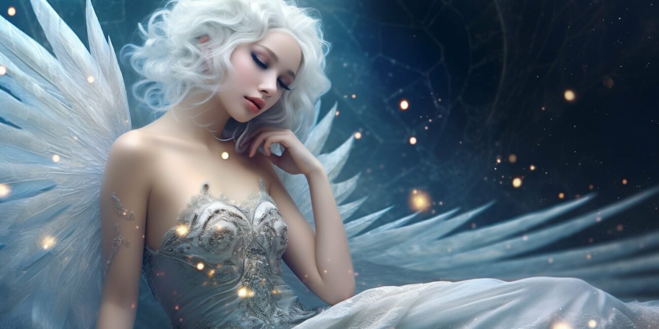 Angel Number 433 - Angel with short white hair. Her wings are white and blue.
