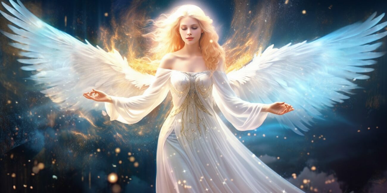 Angel Number 334 - Angel with long light hair. Her wings are white and blue on the edges.