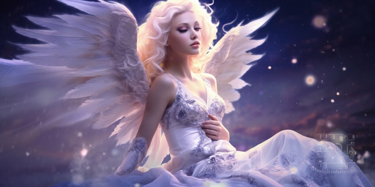 Angel Number 733 - Angel with long light blonde hair. Her wings are white and lavender.