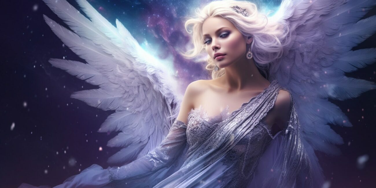 Angel Number 373 - Angel with long light hair. Her wings are white with purple tones.