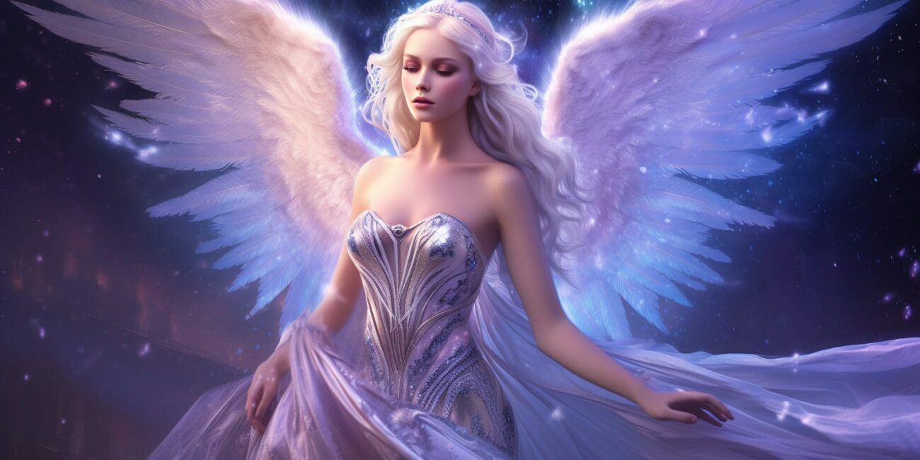 Angel Number 337 - Angel with long light hair. Her wings are white with purple tones.