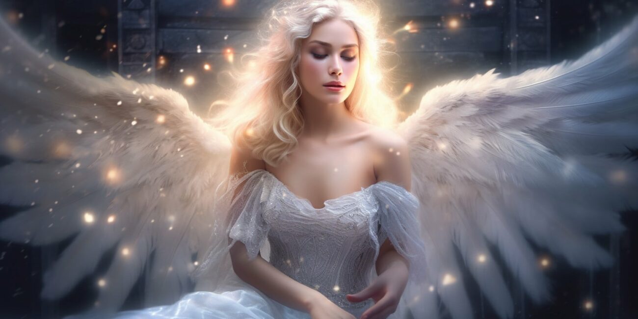 Angel Number 828 - Angel with long white blonde hair. Her wings are light white.