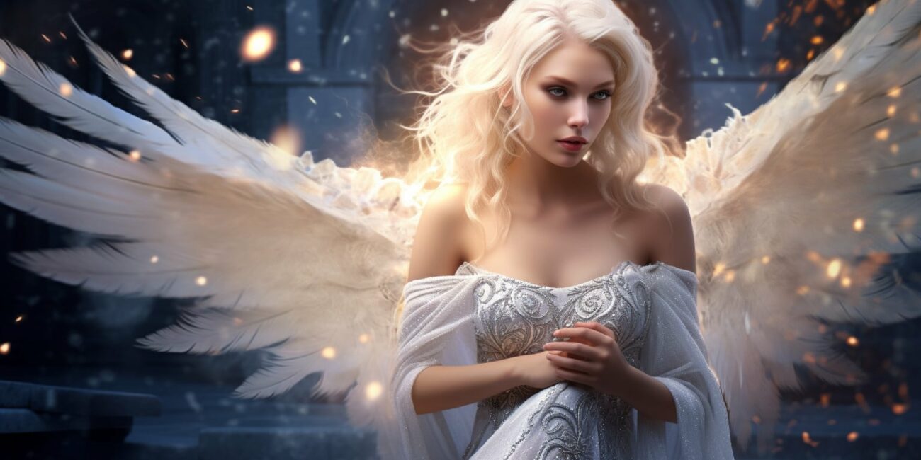 Angel Number 882 - Angel with long white blonde hair. Her wings are light white.
