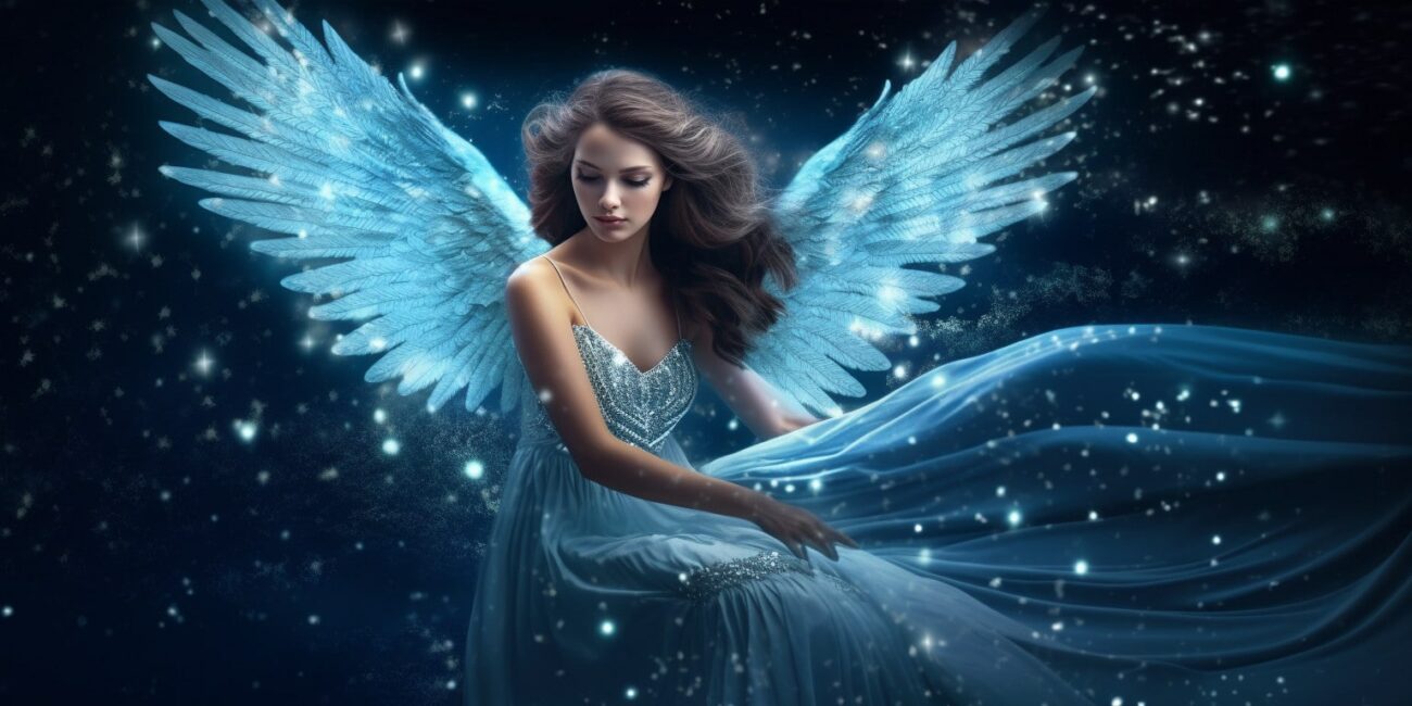 Angel Number 883 - Angel with long dark hair. Her wings are blue with white sparkles.