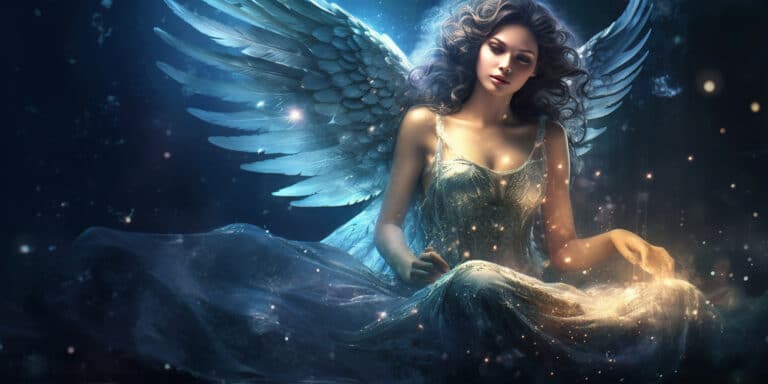 Angel Number 933 - Angel with long dark hair. Her wings are blue.