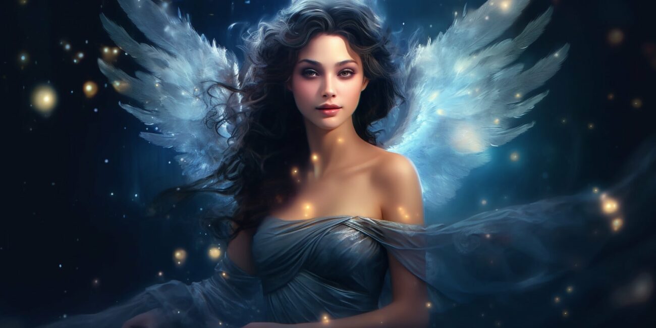 Angel Number 636 - Angel with long dark hair. Her wings are white with blue.