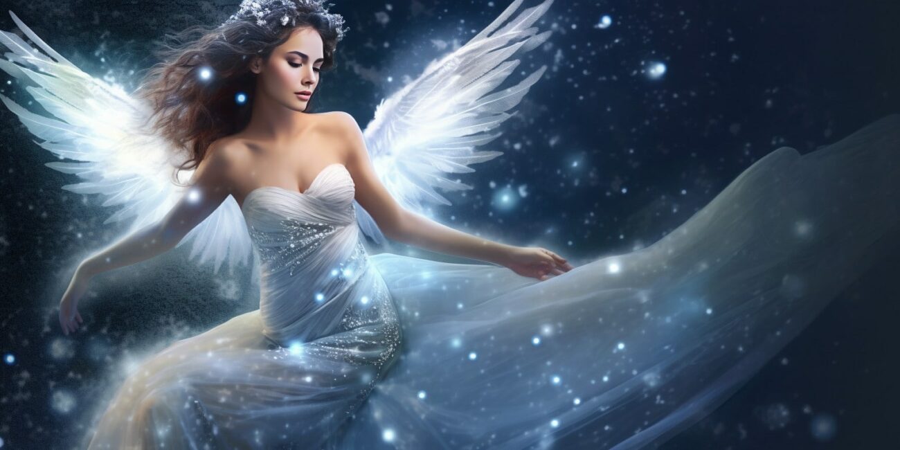 Angel Number 399 - Angel with long dark hair. Her wings are white. There are blue sparkles around her.