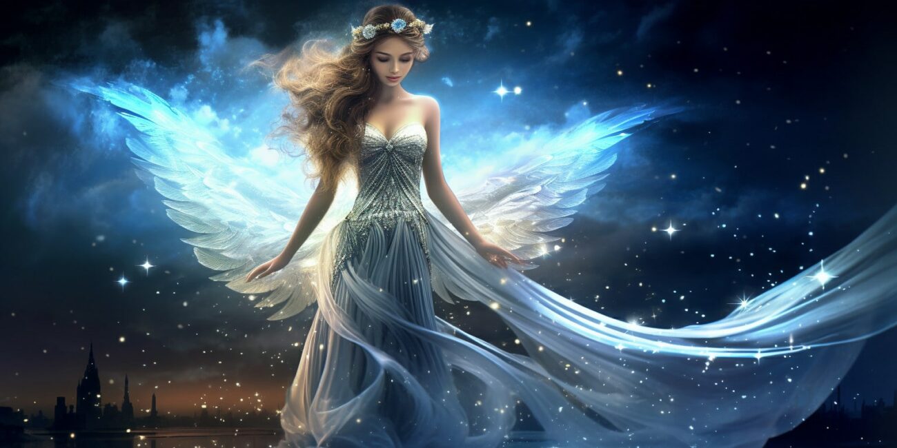 Angel Number 838 - Angel with long dark hair. Her wings are blue with white.