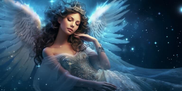 Angel Number 633 - Angel with long dark hair wearing a crown. Her wings are white with blue.