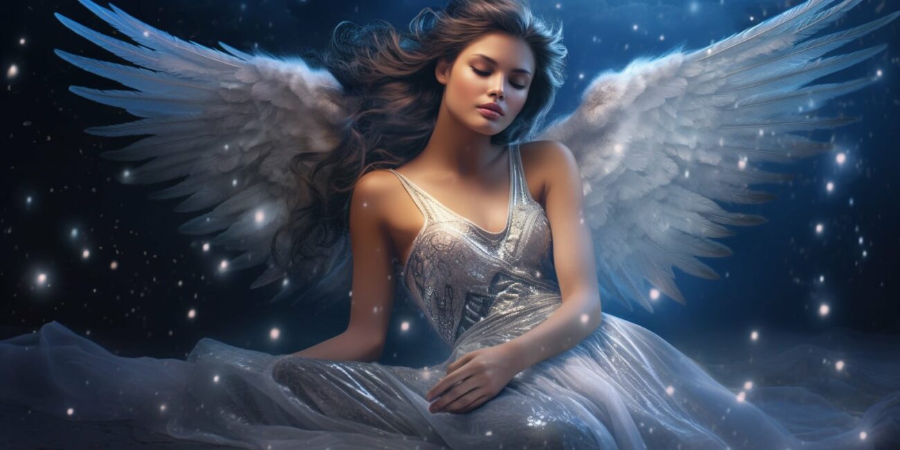 Angel Number 366 - Angel with long dark hair wearing a crown. Her wings are white with blue.