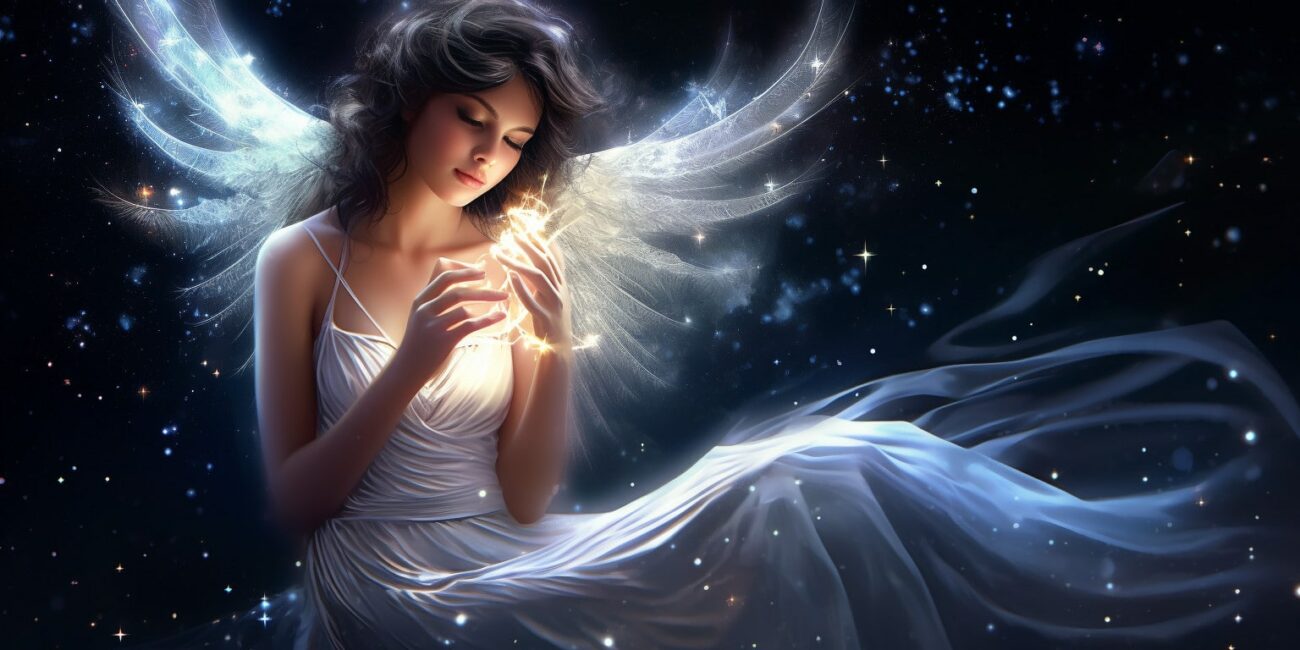 Angel Number 363 - Angel with long dark hair wearing a crown. Her wings are white with blue.