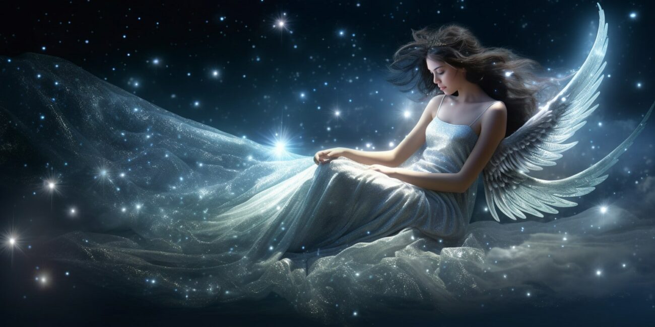 Angel Number 488 - Angel with long dark hair. She is sitting in moonlight.