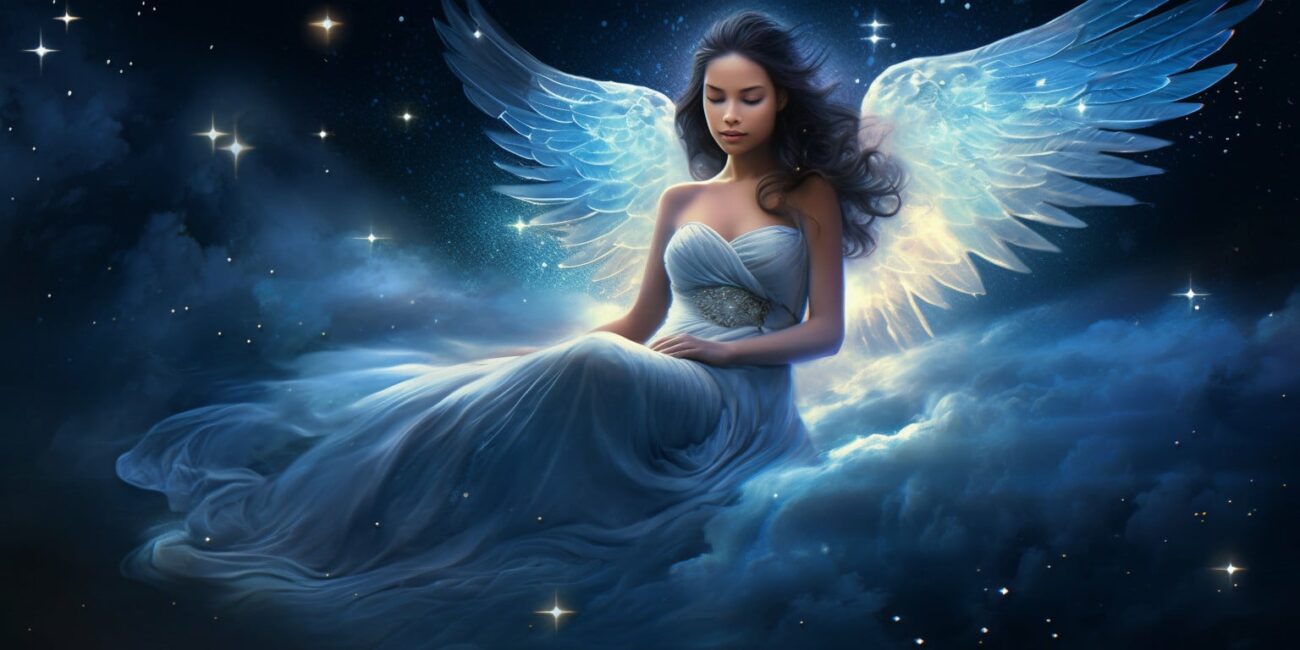 Angel Number 833 - Angel with long dark hair. Her wings are blue with white.