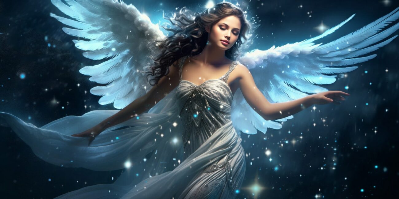 Angel Number 339 - Angel with long dark hair. Her wings are white and light blue.