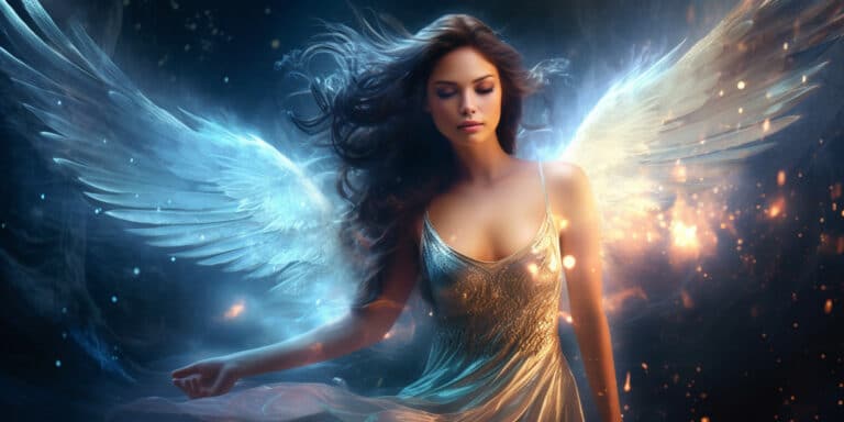 Angel Number 383 - Angel with long dark hair. Her wings are blue are one side and white on the other.