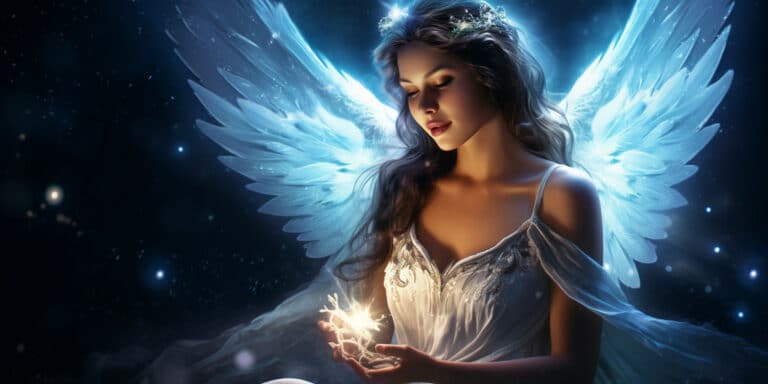 Angel Number 229 - Angel with long dark hair. Her wings are light blue.